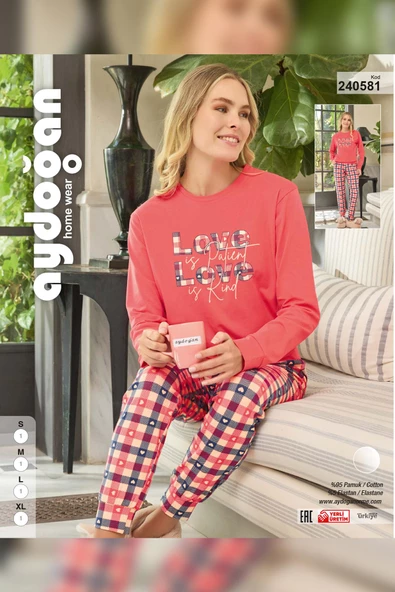 Aydoğan Kadın Sezin Love Is Patient Love Mercan Pijama Takım 0581 - 3