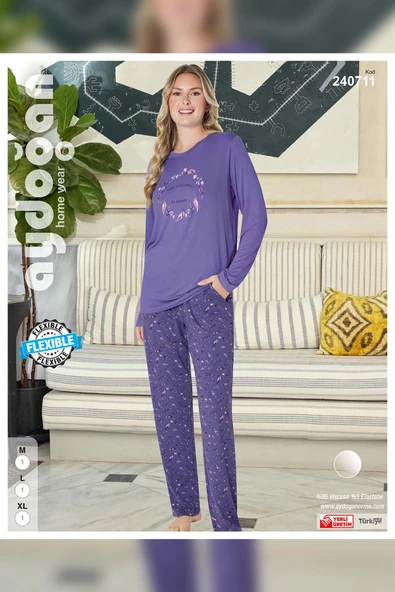 Aydoğan Kadın Ezgi Flexible Serpme Yapraklar Lila Pijama Takım 0711 - 2