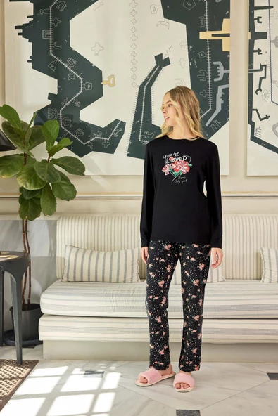 Aydoğan Kadın Ezgi Flexible You're Loved Siyah Pijama Takım 0627 - Resim 2