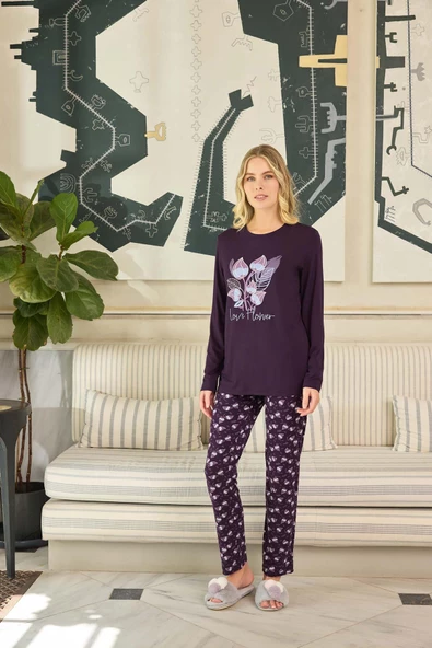 Aydoğan Kadın Ezgi Flexible Love Flower Mürdüm Pijama Takım 0633 - 2