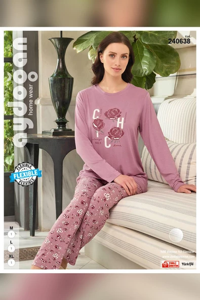 Aydoğan Kadın Ezgi Flexible Gül Baskılı Pudra Pijama Takım 0638 - Resim 2