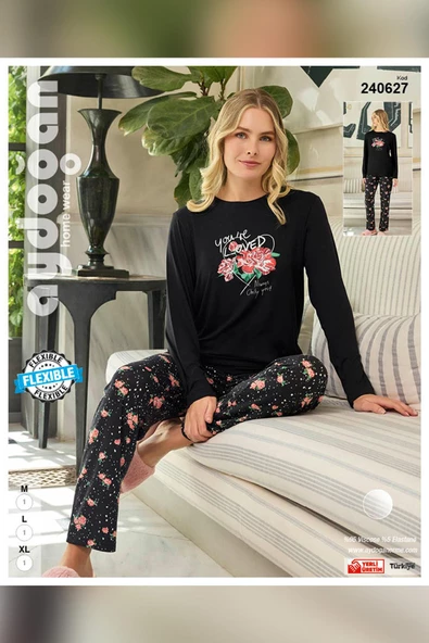 Aydoğan Kadın Ezgi Flexible You're Loved Siyah Pijama Takım 0627 - 3