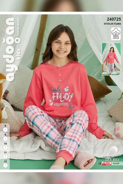 Aydoğan Kız Garson Koza interlok Mercan Ekose Pijama Takım 0725 - 3