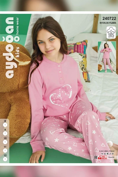 Aydoğan Kız Garson Koza interlok Karanfil Pembe Pijama Takım 0722 - 4