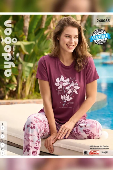 Aydoğan Kadın Ezgi Flexible Kısa Kol Mürdüm Pijama Takımı 0055 - 2