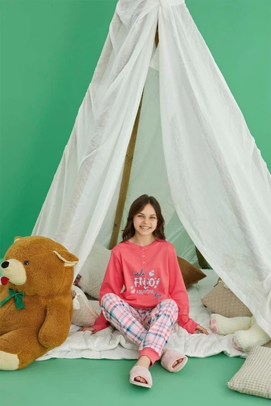 Aydoğan Kız Garson Koza interlok Mercan Ekose Pijama Takım 0725 - 2