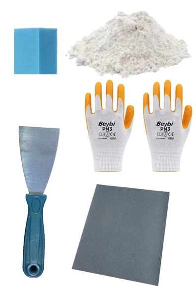 yunuskayatek Duvar Tamir Seti 2 Kg Saten Alçısı,Spatula,Zımpara,Sıva Süngeri,İşçi Eldiveni 5 Parça Set