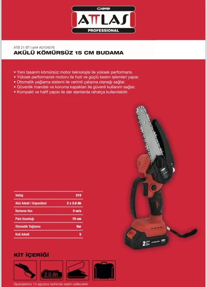 Attlas ATB 21 BT 20W 2Ah Akülü Kömürsüz Budama Testeresi Çift Akülü 15cm - 3