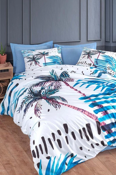 Palm %100 Pamuk Çift Kişilik Nevresim Takımı Mavi
