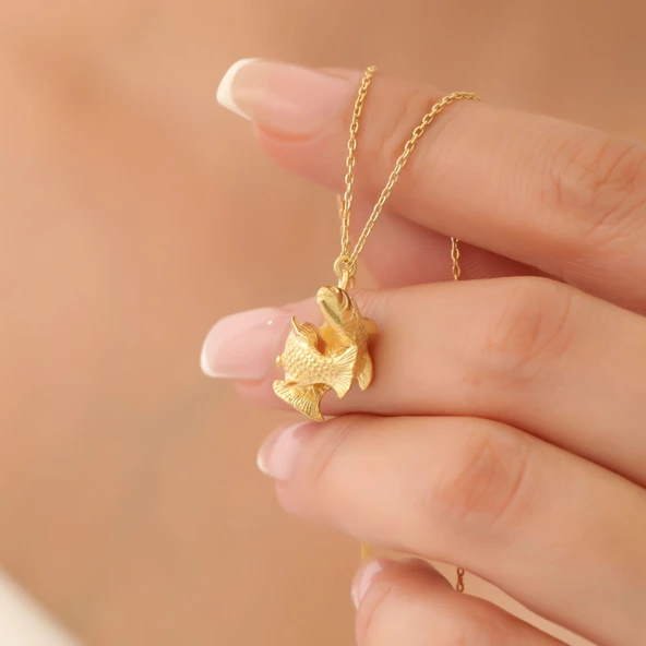 925 Ayar Gümüş 3 Boyutlu Sarılan İki Balık Kolye - CN00357 - Resim 4