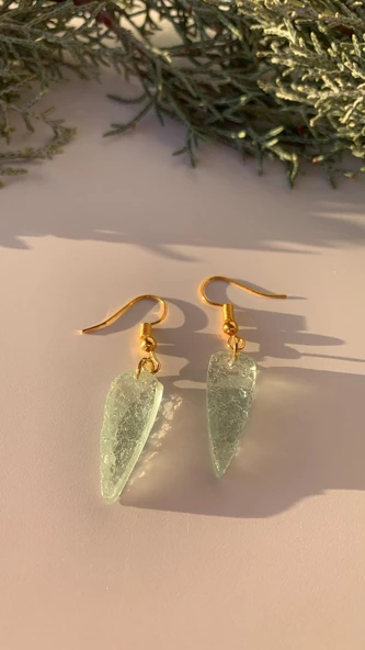 Tırtıklı Kristal Desenli Mint Yeşili Renk Gümüş Aksesuarlı Gözyaşı Şekilli Epoksi Küpe El Yapımı - 5