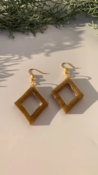 Gold Renk Simli Gold Aksesuarlı Karo İçi Boş Şekil Epoksi Küpe El Yapımı Hediyelik - 7