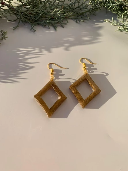 Gold Renk Simli Gold Aksesuarlı Karo İçi Boş Şekil Epoksi Küpe El Yapımı Hediyelik - 3