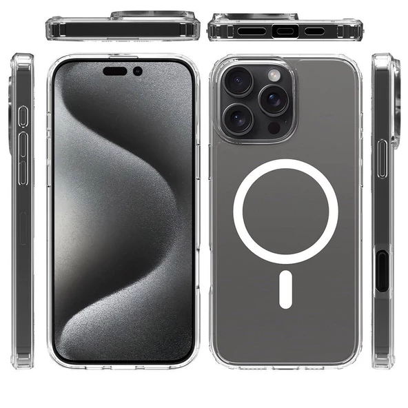 iPhone 16 Pro Max Kılıf Magsafe Şarj Özellikli Şeffaf Sert PC Embos Kapak - Resim 6