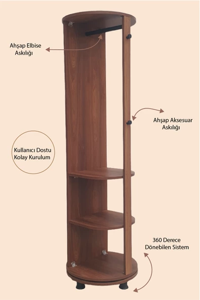 SİLPİUS Ceviz Boy Aynalı 360 Derece Döner Portatif Çok Amaçlı Portmanto Askılık Vestiyer Organizer - 3