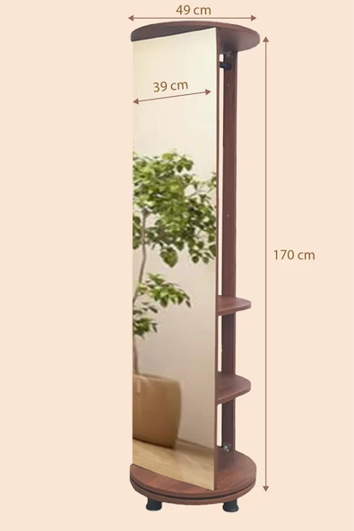 SİLPİUS Ceviz Boy Aynalı 360 Derece Döner Portatif Çok Amaçlı Portmanto Askılık Vestiyer Organizer - 2