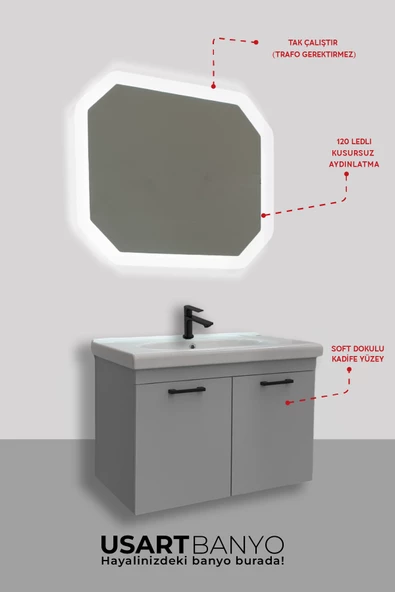 USART New 80 Nardo Gri Soft Dokulu Kadife Yüzey Banyo Dolabı Takimi Demonte - 2