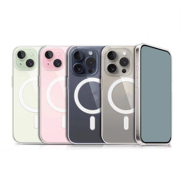 iPhone 15 Pro Kılıf Magsafe Şarj Özellikli Şeffaf Sert PC Embos Kapak - 4