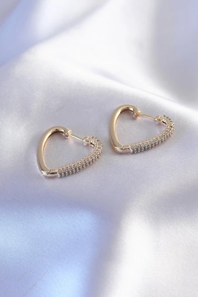 Gold Renk Zirkon Taşlı Kalp Model Kadın Küpe ürün görseli 1