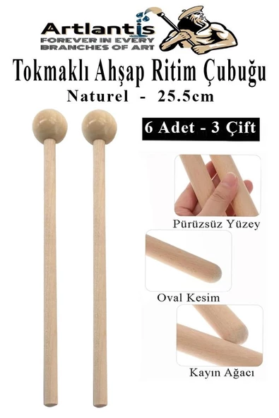 Tokmaklı Ahşap Ritim Çubuğu 6 Adet 3 Çift Okul Öncesi Eğitici Anaokulu Ritim Tokmağı Çubukları Çocuk Etkinlik Perkusyon Müzik Aleti