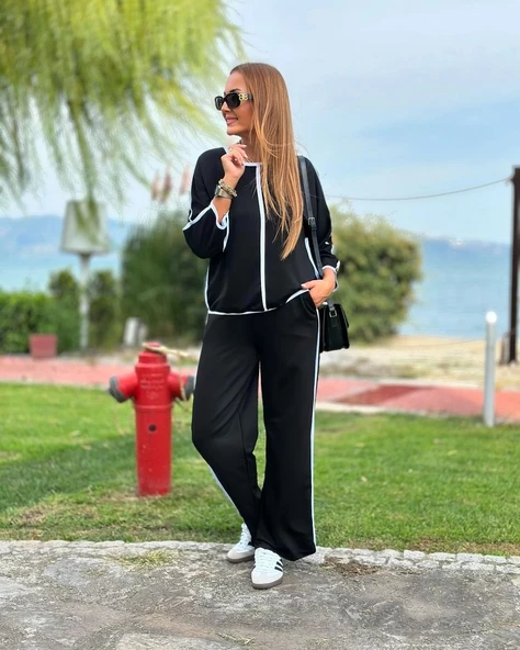 Kadın Bisiklet Yaka Fakir Kol Biye Detay Bluz Ve Yüksek Bel Lastikli Pantolon Ikili Takım - 2