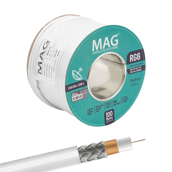 MAG RG6/U6 1.00 MM 64*0.12 TEL CCS MAKARALI YERLİ ÜRETİM ANTEN KABLOSU  (100 METRE) - 1
