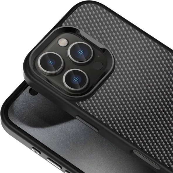 Gpack Apple iPhone 16 Pro Max Kılıf Parlak Kamera Çerçeveli Karbon Fiber Görünümlü Venus Kapak - Resim 3