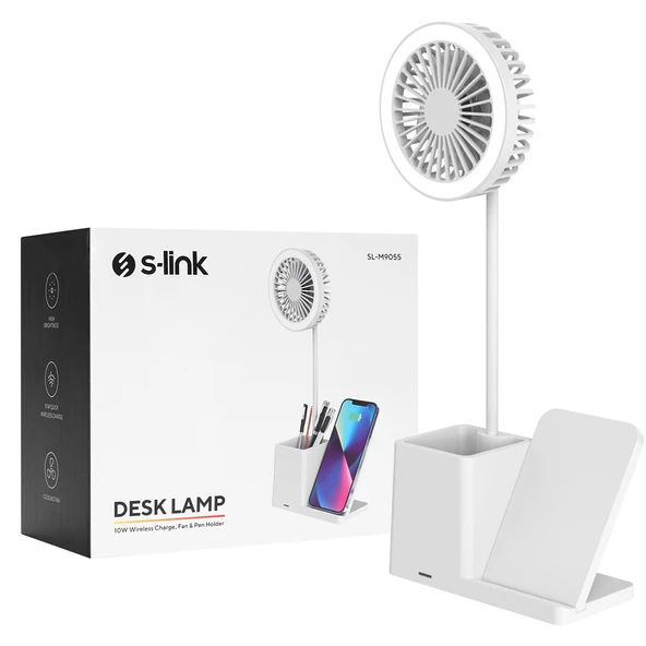 S-Link SL-M9055 10 Watt Kablosuz Şarj İstasyonlu Fanlı Kalemlikli Masa Lambası (Beyaz) - 4