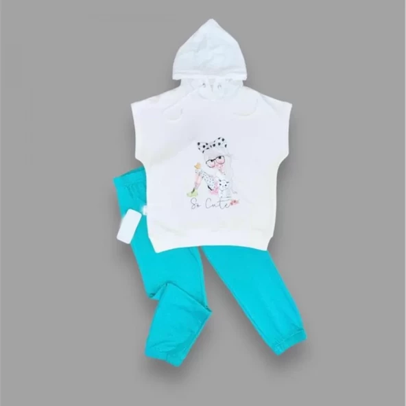 Kapşonlu Sevimli Kız Baskılı Kısa Kolu 2li Kız Erkek Çocuk Takımı Turkuaz - Resim 2