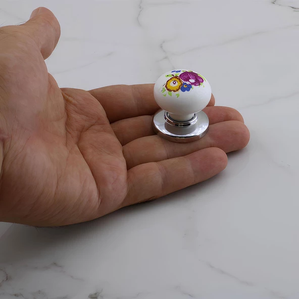 Polimer Kulp Düğme Çiçek Desenli Krom Tabla Mobilya Mutfak Dolabı Çekmece Dolap Kulpu Kulbu 10 ADET - 6