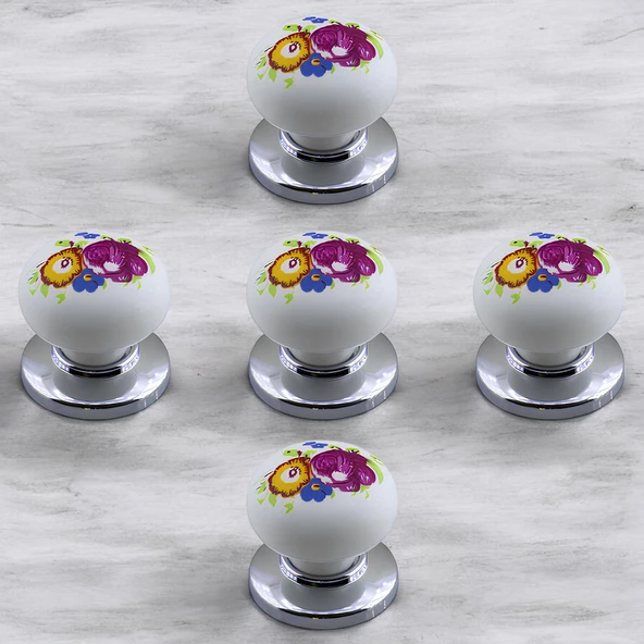 Polimer Kulp Düğme Çiçek Desenli Krom Tabla Mobilya Mutfak Dolabı Çekmece Dolap Kulpu Kulbu 5 ADET - Resim 8