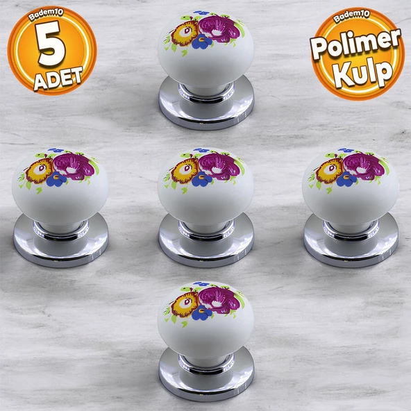 Polimer Kulp Düğme Çiçek Desenli Krom Tabla Mobilya Mutfak Dolabı Çekmece Dolap Kulpu Kulbu 5 ADET