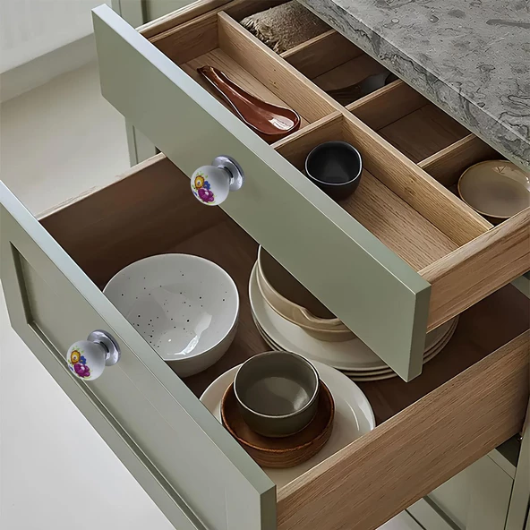 Polimer Kulp Düğme Çiçek Desenli Krom Tabla Mobilya Mutfak Dolabı Çekmece Dolap Kulpu Kulbu 5 ADET - Resim 3