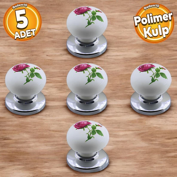 Polimer Düğme Kulp Gül Desenli Krom Tabla Mobilya Mutfak Dolabı Çekmece Dolap Kulpu Kulbu 5 ADET ürün görseli