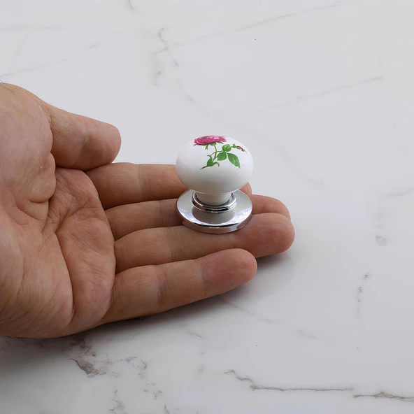 Polimer Düğme Kulp Gül Desenli Krom Tabla Mobilya Mutfak Dolabı Çekmece Dolap Kulpu Kulbu 5 ADET - Resim 5