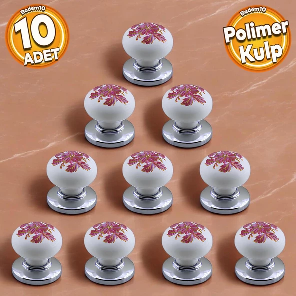 Polimer Kulp Düğme Pembe Çiçek Desenli Krom Tabla Mobilya Mutfak Dolabı Çekmece Kulpu Kulbu 10 ADET