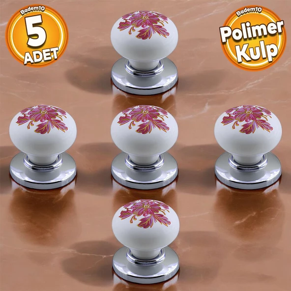 Polimer Kulp Düğme Pembe Çiçek Desenli Krom Tabla Mobilya Mutfak Dolabı Çekmece Kulpu Kulbu 5 ADET