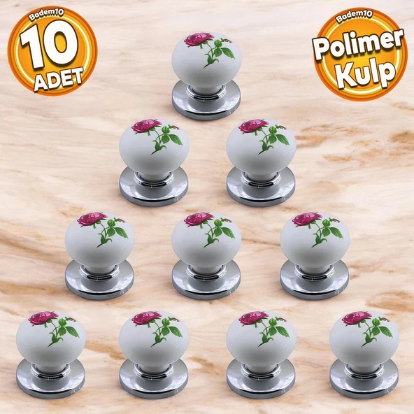 Polimer Düğme Kulp Gül Desenli Krom Tabla Mobilya Mutfak Dolabı Çekmece Dolap Kulpu Kulbu 10 ADET ürün görseli