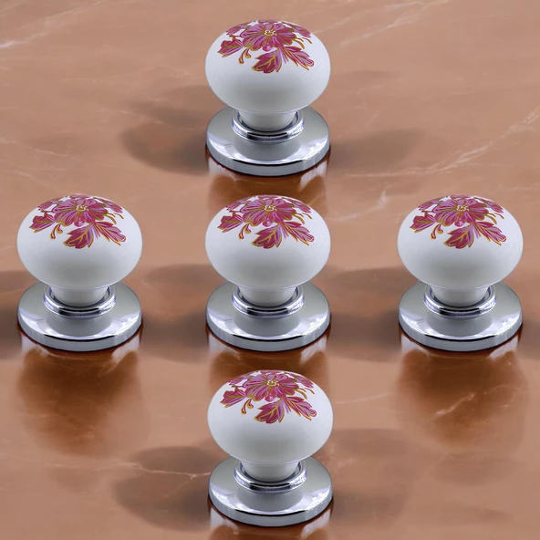 Polimer Kulp Düğme Pembe Çiçek Desenli Krom Tabla Mobilya Mutfak Dolabı Çekmece Kulpu Kulbu 5 ADET - 8