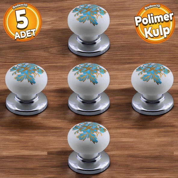 Polimer Kulp Düğme Mavi Çiçek Desenli Krom Tabla Mobilya Mutfak Dolabı Çekmece Kulpu Kulbu 5 ADET