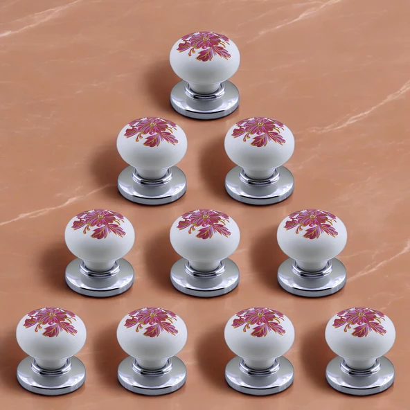 Polimer Kulp Düğme Pembe Çiçek Desenli Krom Tabla Mobilya Mutfak Dolabı Çekmece Kulpu Kulbu 10 ADET - 8