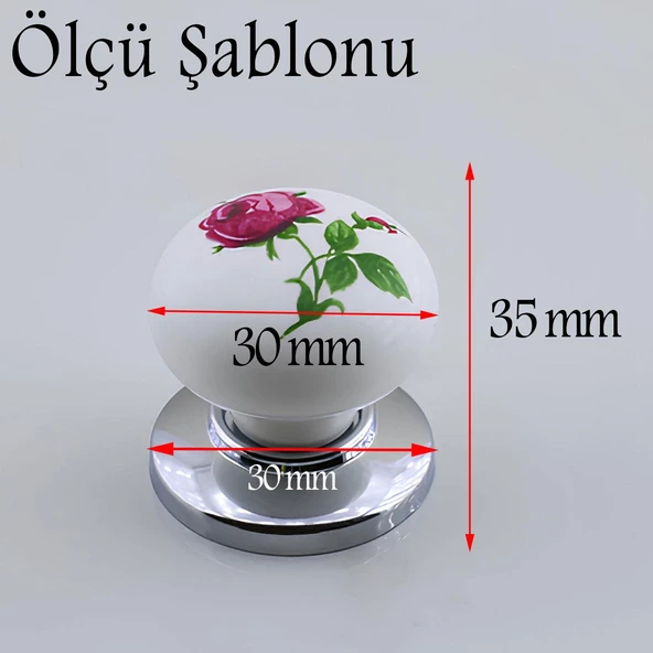 Polimer Düğme Kulp Gül Desenli Krom Tabla Mobilya Mutfak Dolabı Çekmece Dolap Kulpu Kulbu 5 ADET - Resim 2