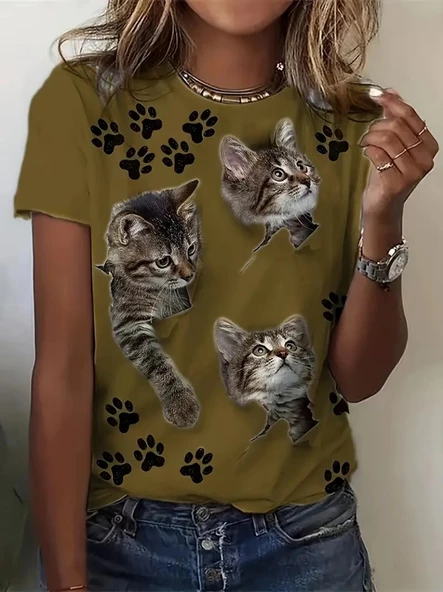 Kadın Kısa Kollu Kedi Ve Pati Baskılı Süprem T-shirt