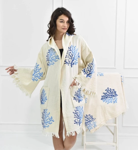 Bornoz ,Plaj Kıyafeti,Kimono , Kaftan ,Sabahlık Mavi Mercan Baskılı Boy Kısa - 3