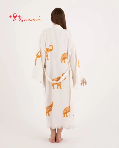 Bornoz ,Plaj Kıyafeti,Kimono , Kaftan ,Sabahlık Bereket Fili Desen Baskılı - 3