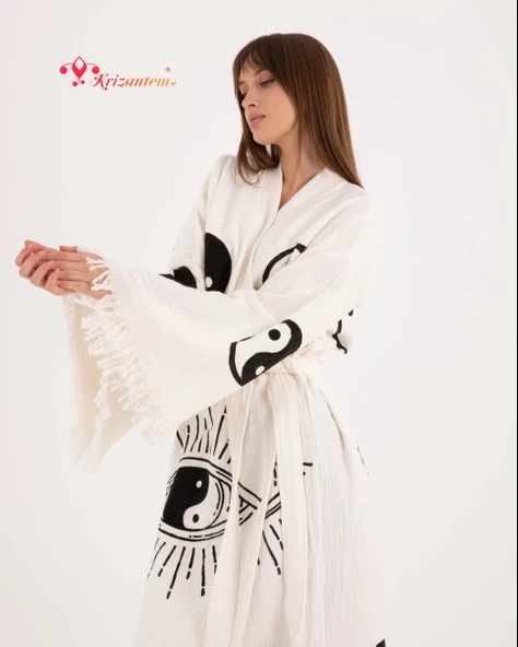 Bornoz ,Plaj Kıyafeti,Kimono , Kaftan ,Sabahlık  Ying Yang Göz Desen Baskılı - 3
