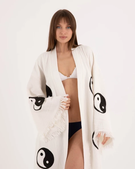 Bornoz ,Plaj Kıyafeti,Kimono , Kaftan ,Sabahlık  Ying Yang Göz Desen Baskılı - 2