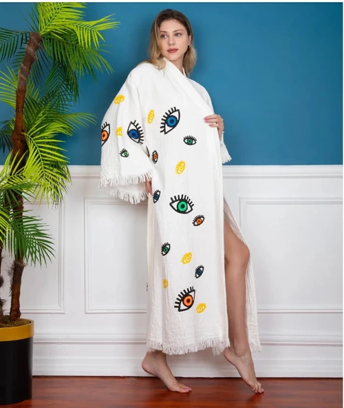 Bornoz ,Plaj Kıyafeti,Kimono , Kaftan ,Sabahlık  Renkli Gözler Desen Baskılı - 2