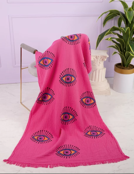 Banyo Havlusu ,Plaj Havlusu ,Peştamal ,Koltuk örtüsü ( Çok amaçlı Kullanım )  & Pembe Kumaş Göz Desen Baskılı - 4