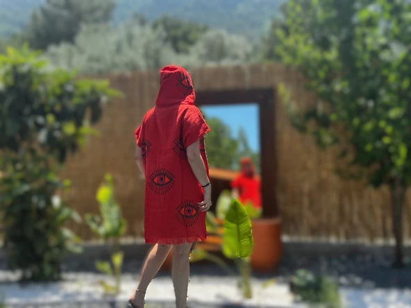 Panço / Plaj elbisesi / Bornoz KIRMIZI KUMAŞ NAZAR GÖZ Desen BAskılı - 2